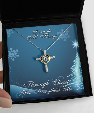Christmas Heart Cross I Can Do All Things Necklace